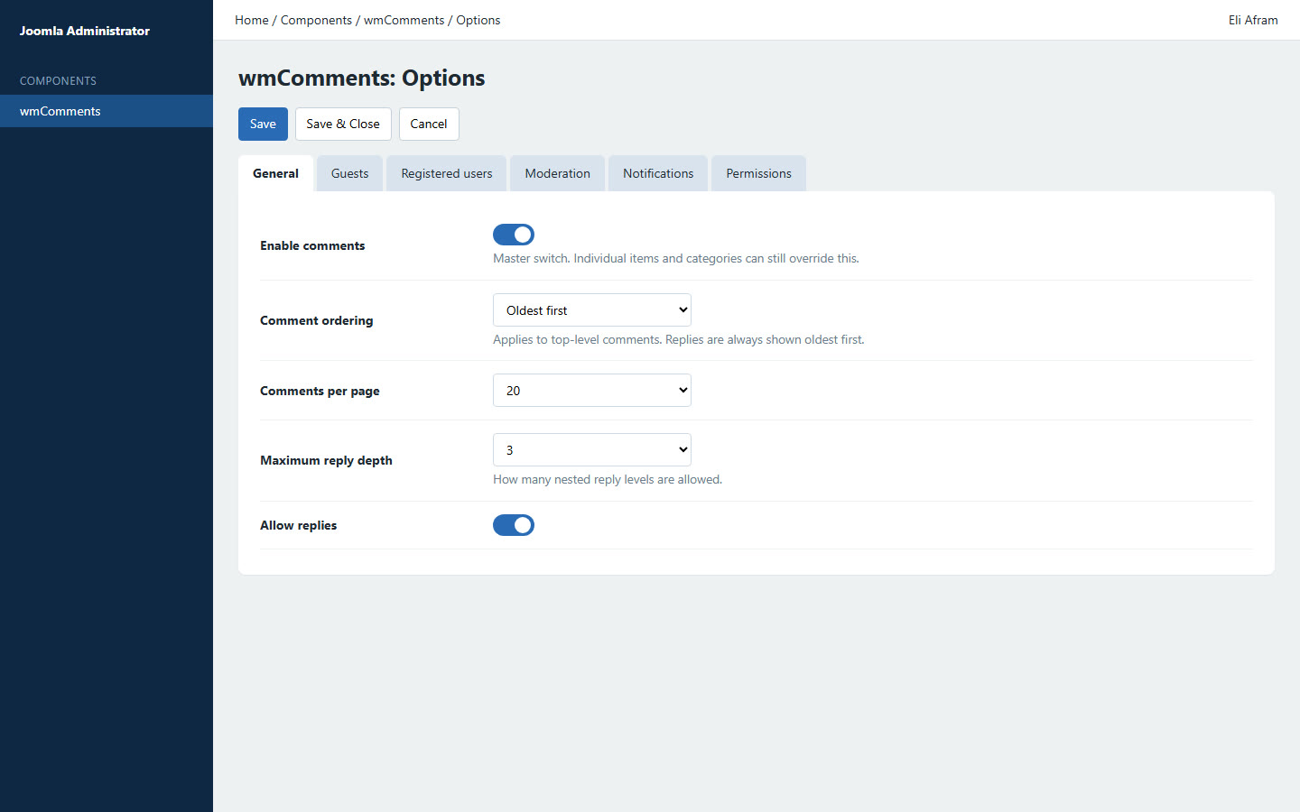 Admin — component options