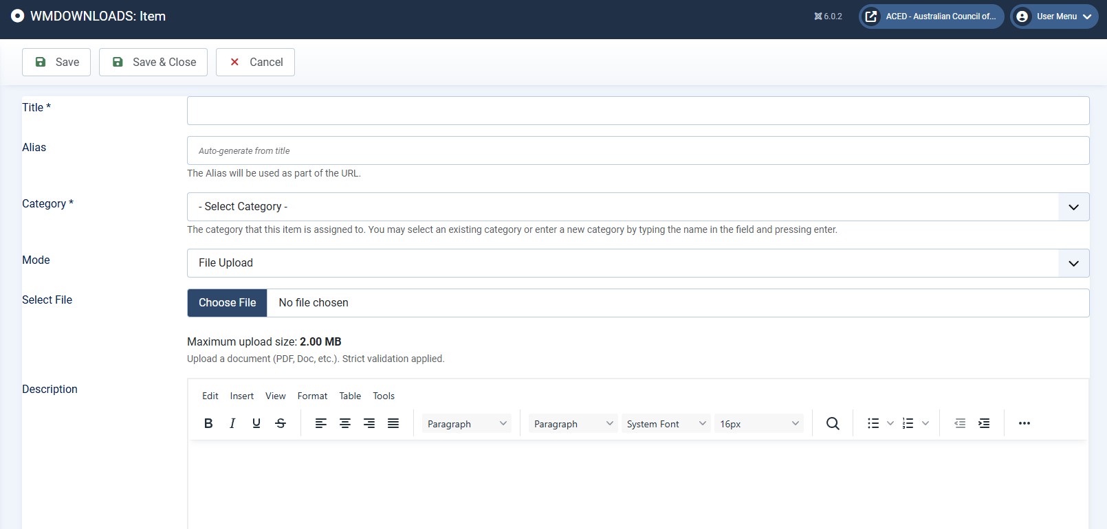 Admin — item editor