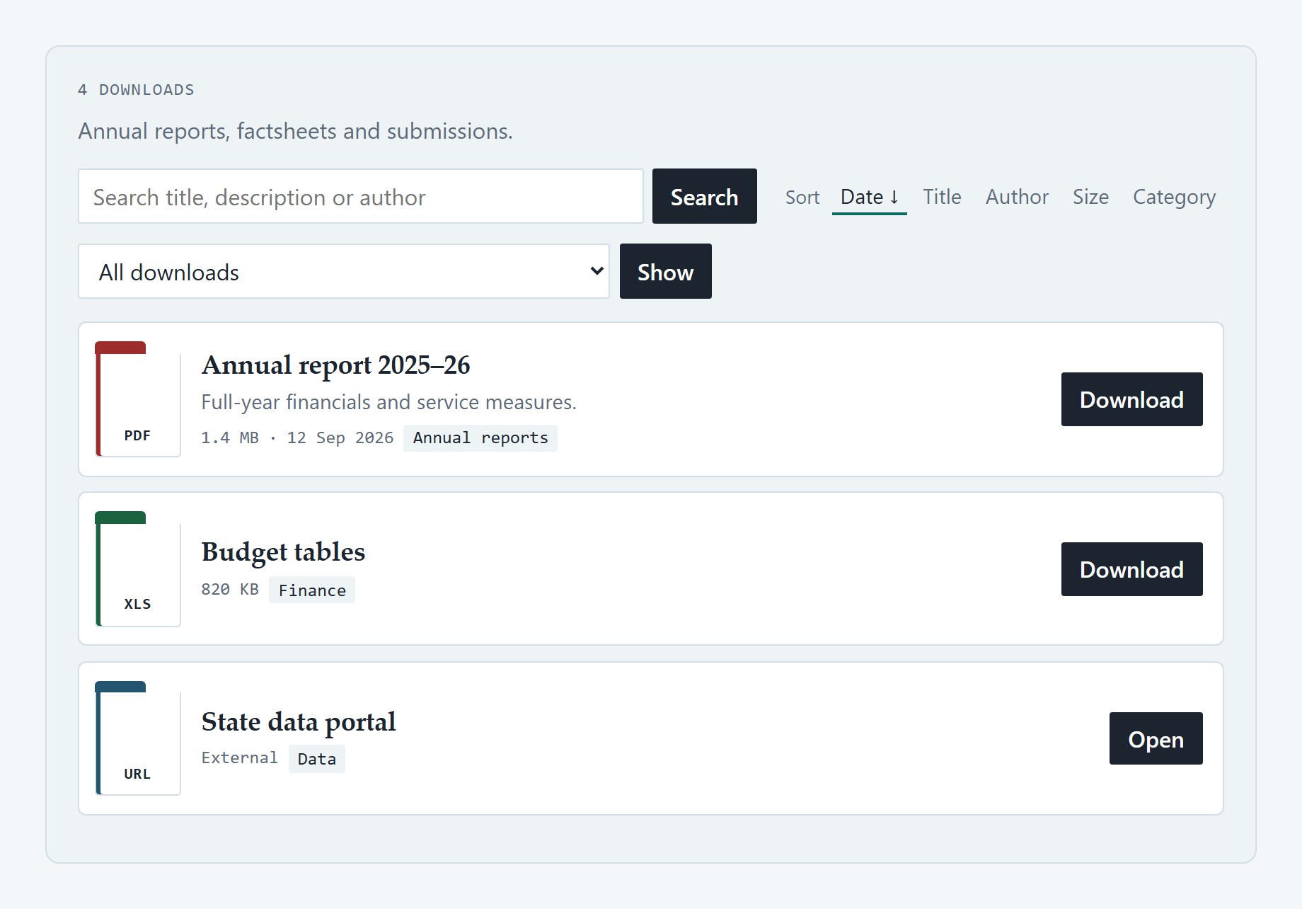 Public catalogue — search, sort and type tabs