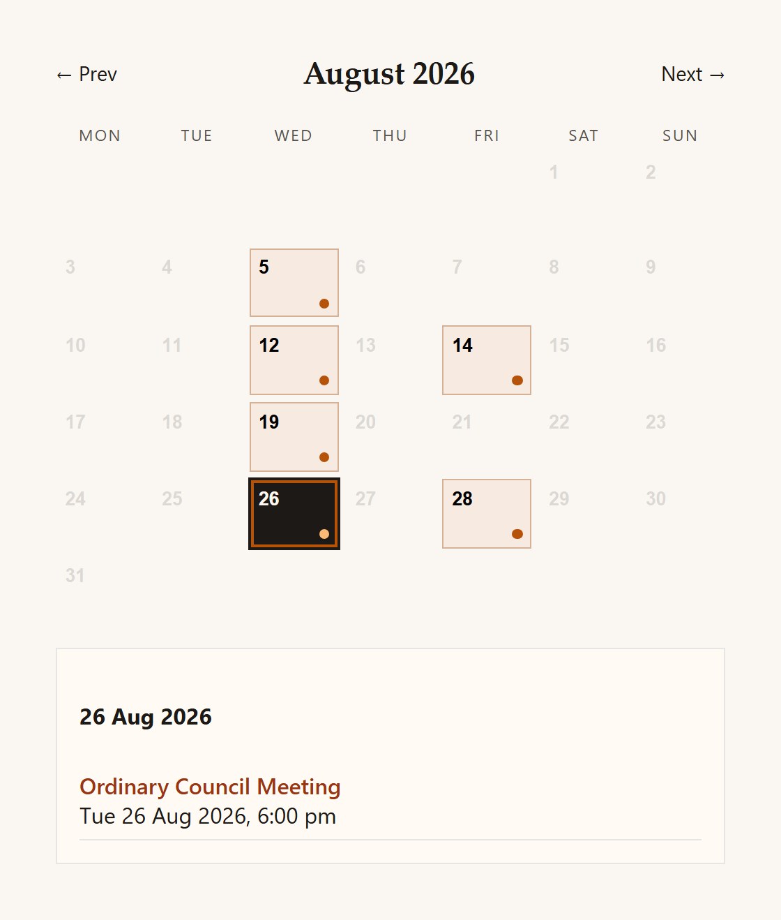 Calendar module — event days and important dates