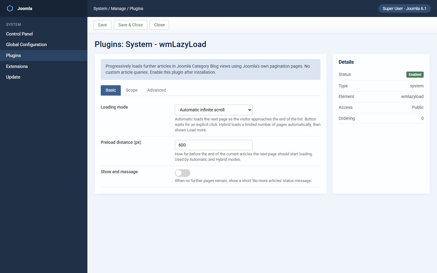 Plugin options — loading mode and scope