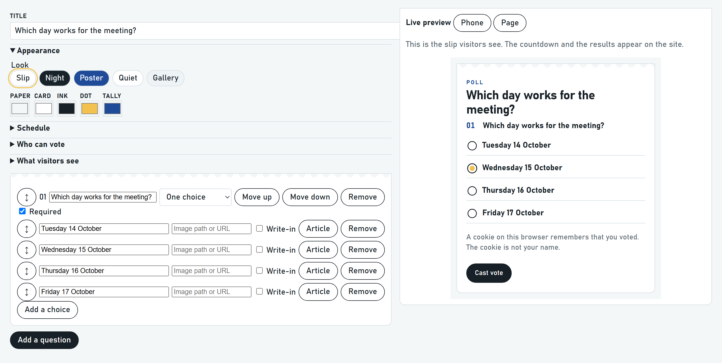 Builder — questions, look and live preview