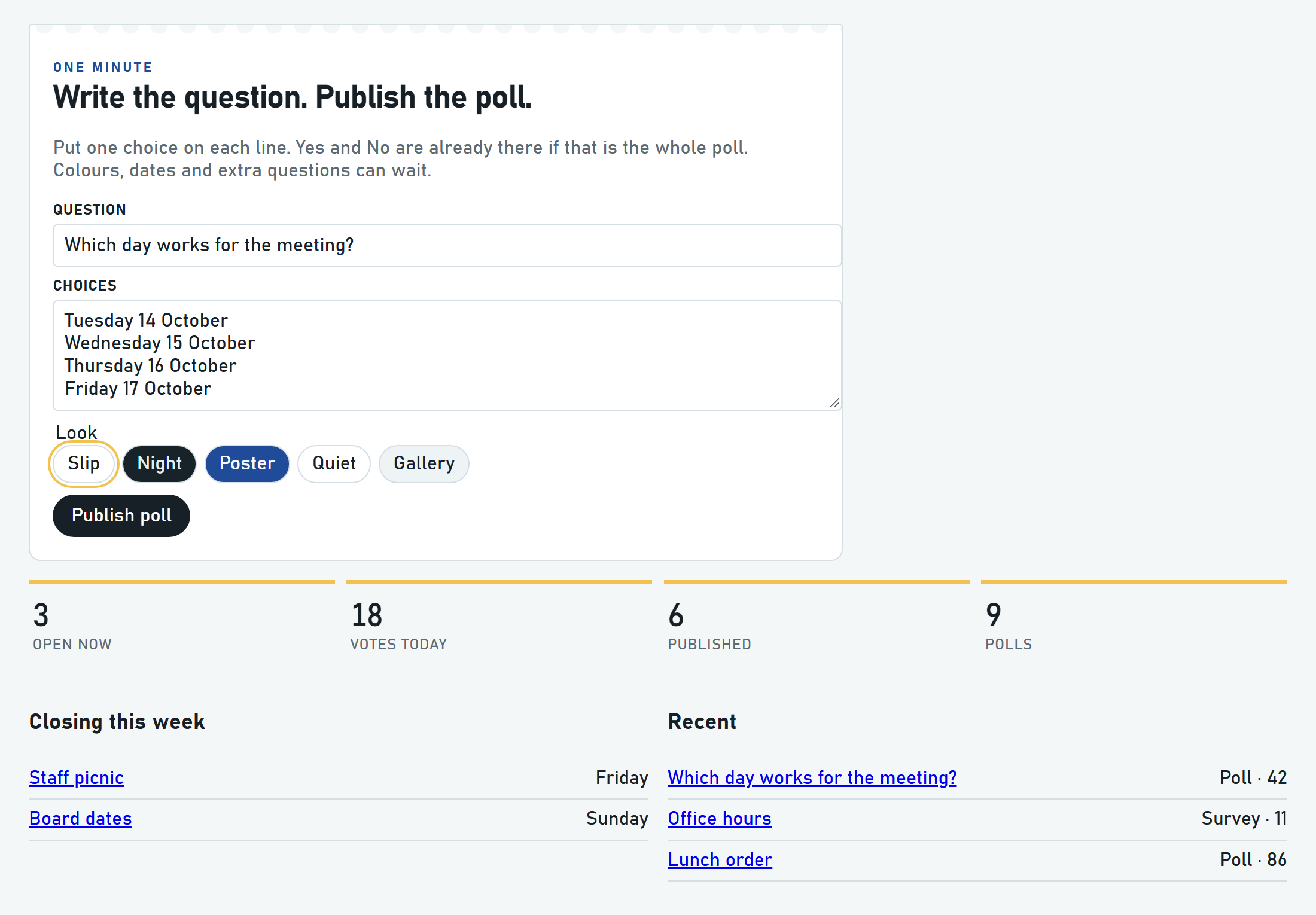 Dashboard — write the question and publish