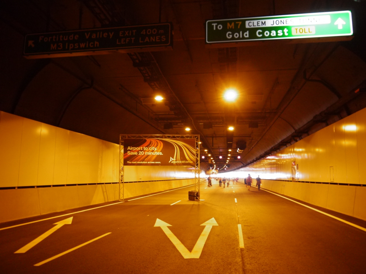 Brisbane Airportlink southern portal tunnel interior during opening walkthrough, heading southbound
